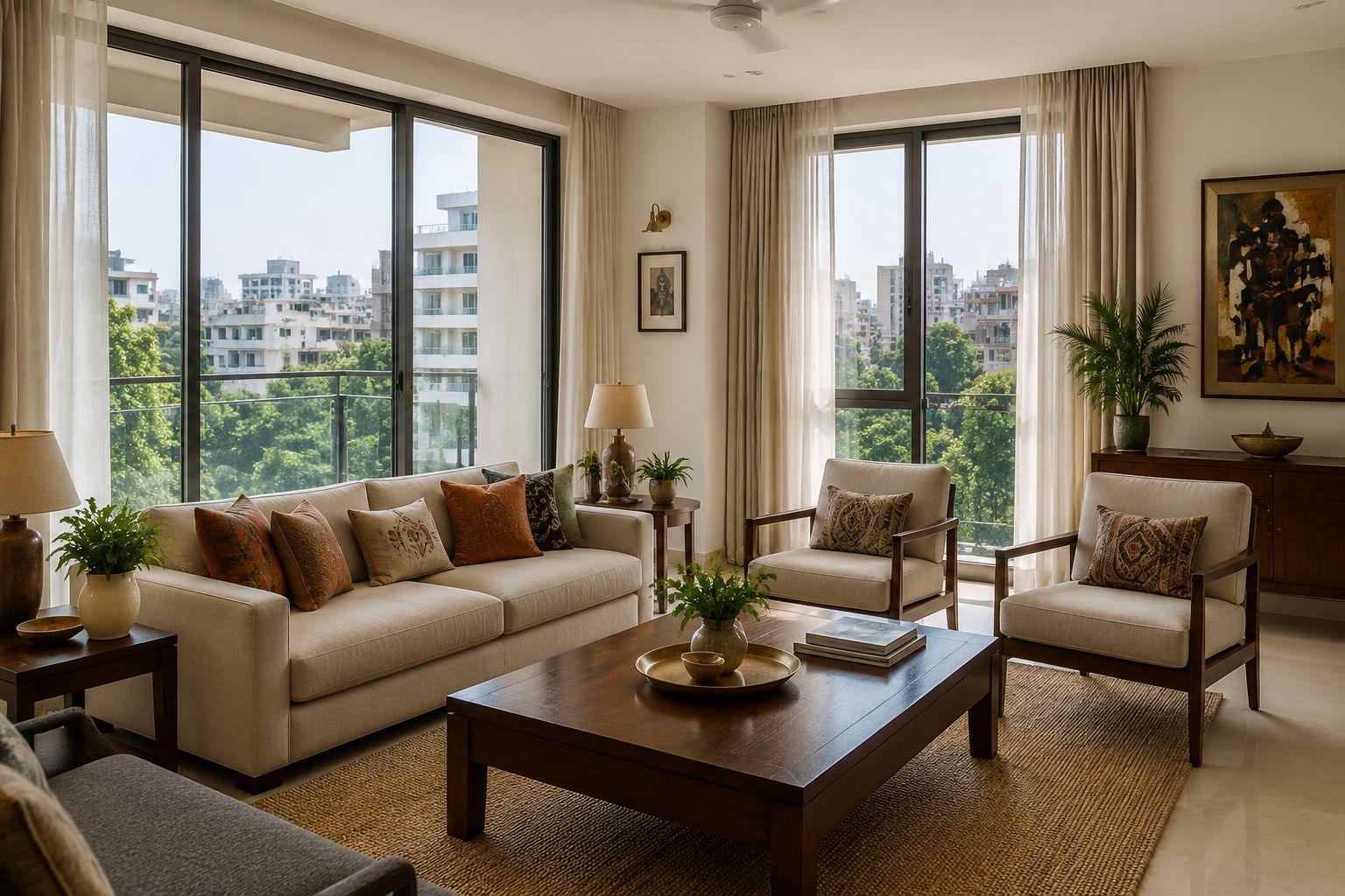 A modern living room with a sofa, two armchairs, a coffee table, and a view of the city through large windows.