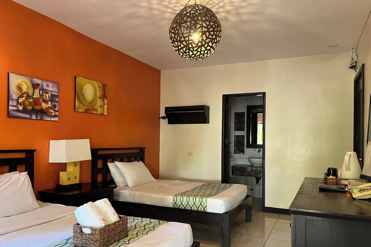 Habitación de hotel con dos camas, un escritorio, una lámpara, un televisor montado en la pared y una obra de arte en la pared.