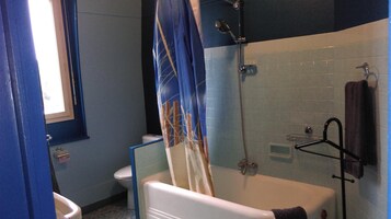 Un baño con bañera, inodoro y zona de ducha.