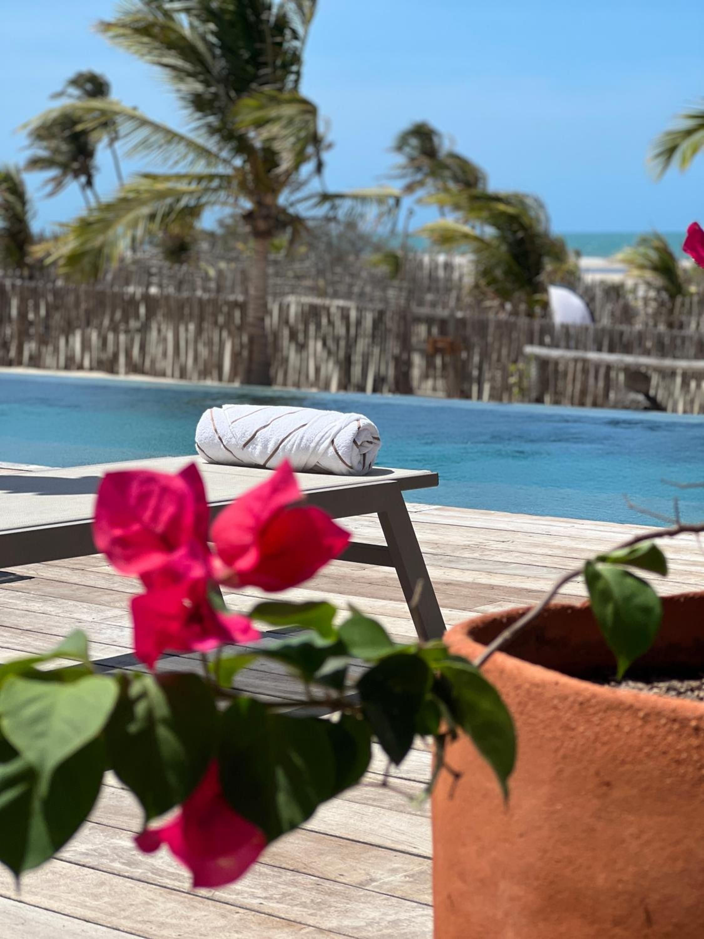 A wooden deck with a pool, a white towel, and pink flowers.