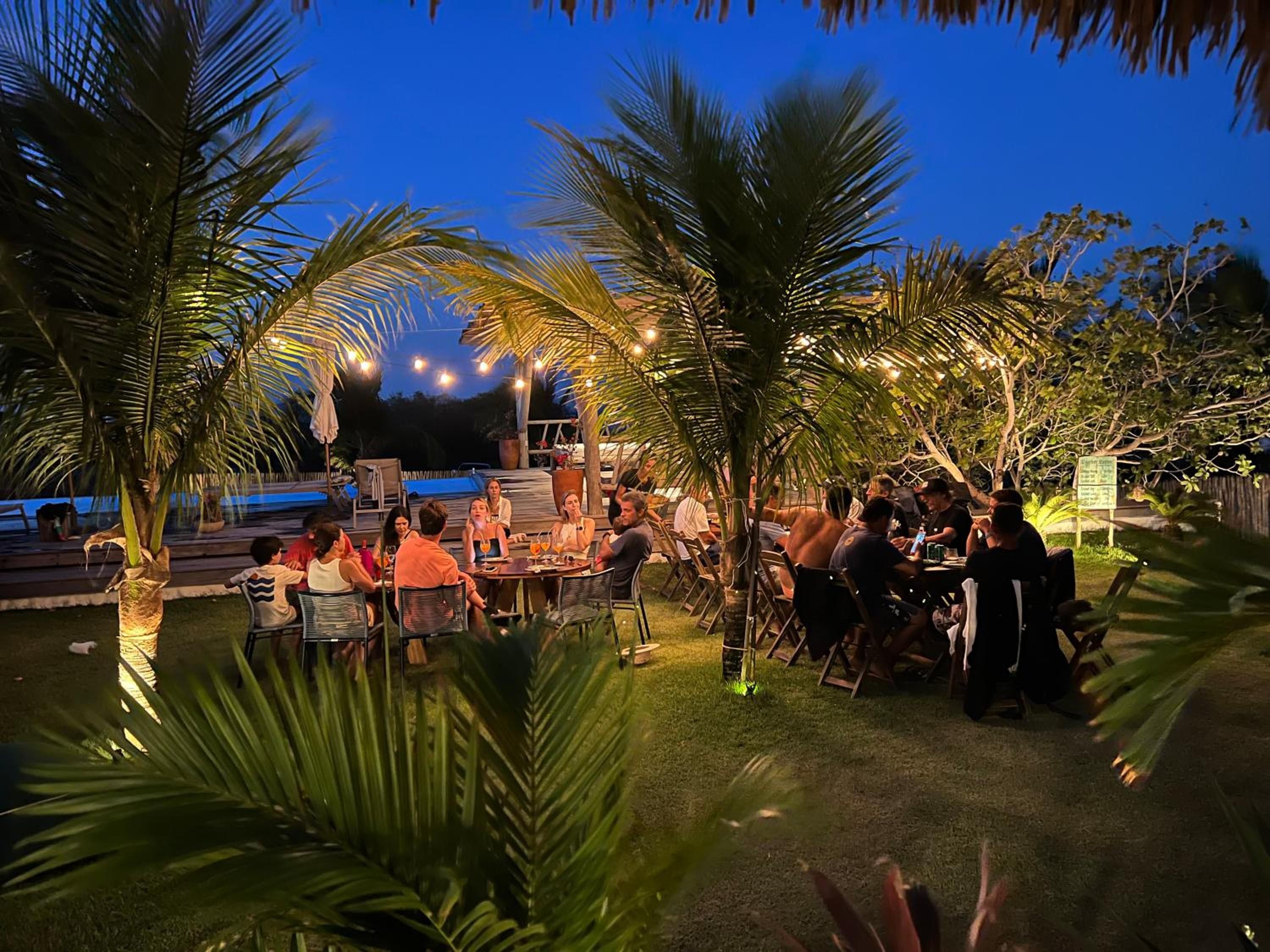 An outdoor dining area with tables and chairs, surrounded by palm trees and under string lights.