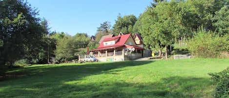 Una casa con techo rojo, rodeada de césped y árboles.