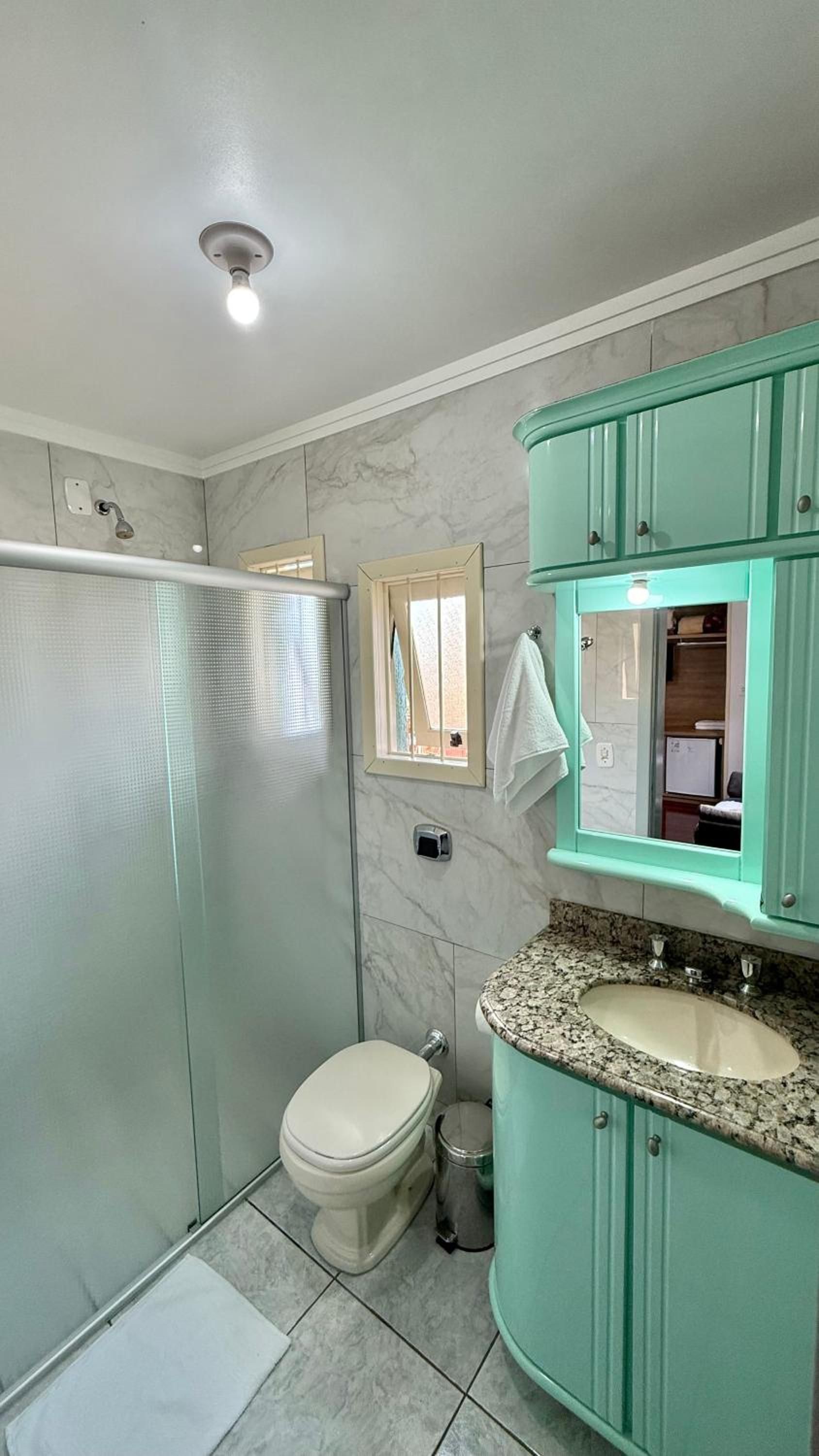 Un baño con ducha, inodoro, lavabo y espejo.