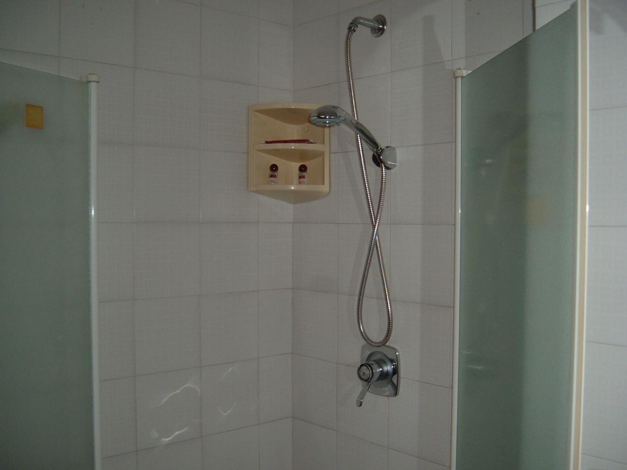 Une douche équipée d’un pommeau de douche à main et d’un panneau de commande fixé au mur.