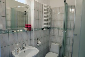 A bathroom with a glass shower enclosure, a sink with a soap dispenser, and a toilet.