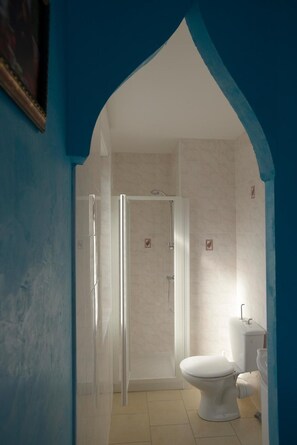 Een badkamer met douche, toilet en wastafel, met een blauwe boog en betegelde wanden.