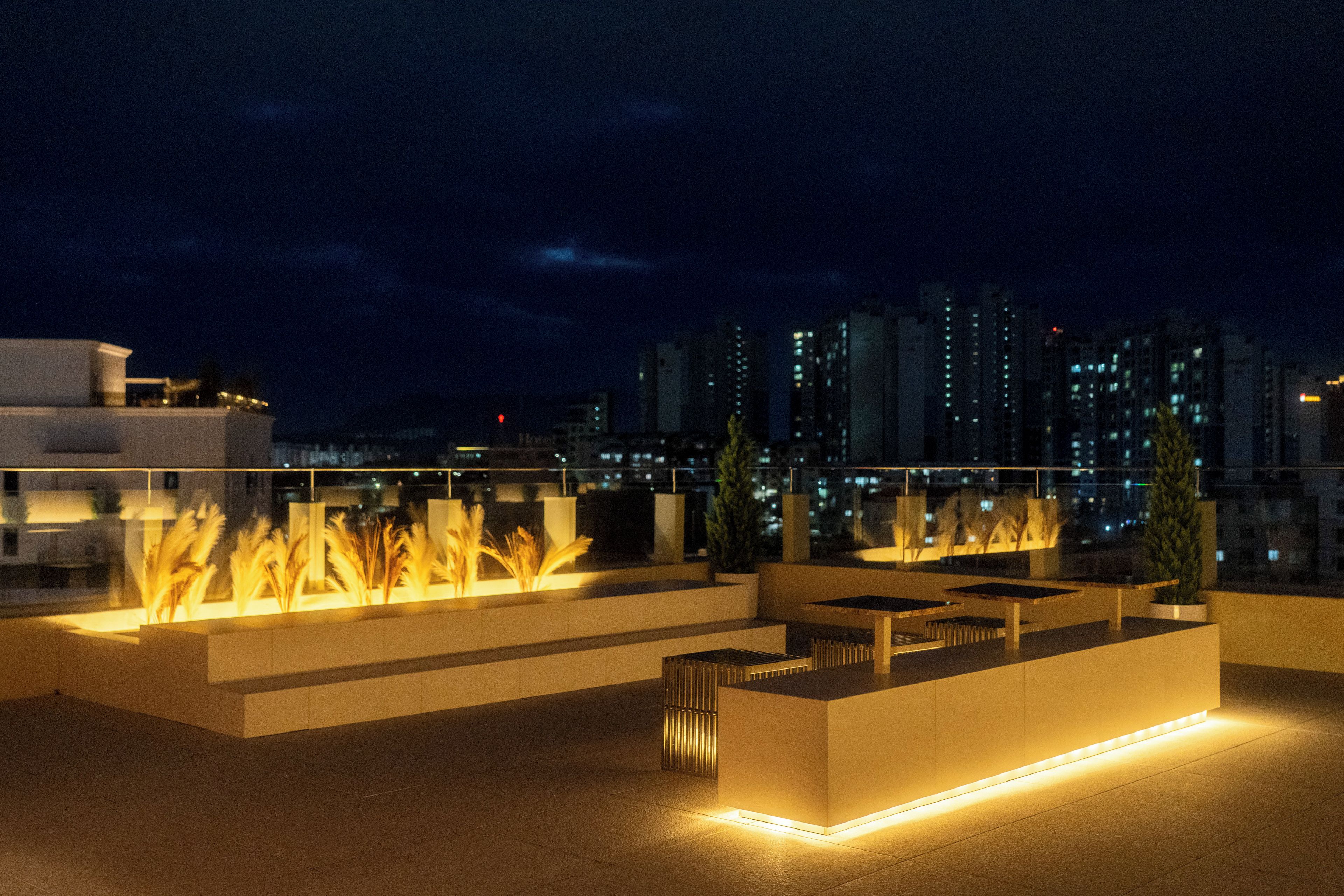 Terraço no telhado com área de estar e plantas, com vista para o horizonte urbano à noite.