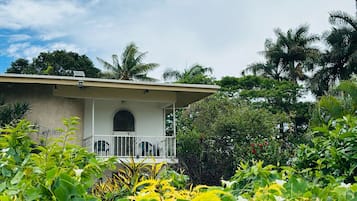 Een huis met een overdekte veranda, omringd door weelderige begroeiing en palmbomen.