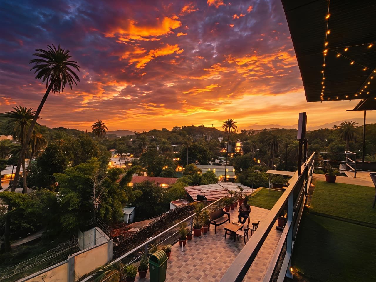 Terraza en la azotea con vista a un atardecer sobre un paisaje urbano, que incluye palmeras y edificios.
