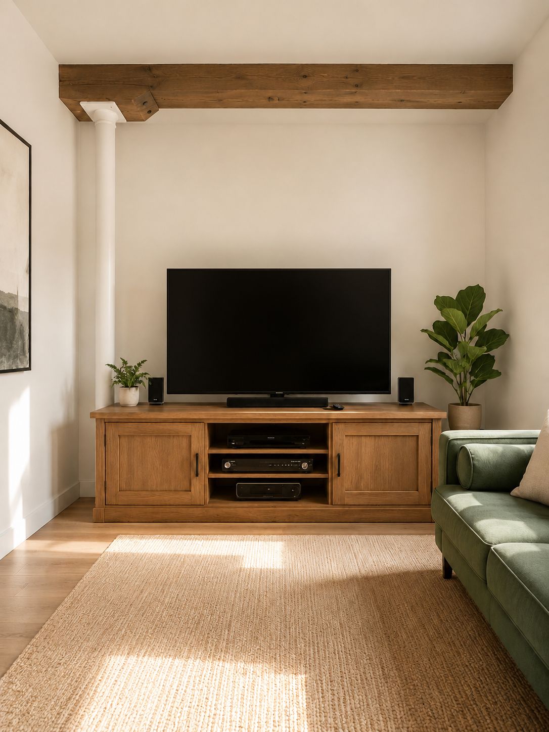 A living room with a wooden entertainment center, a flat-screen TV, and a green sofa.