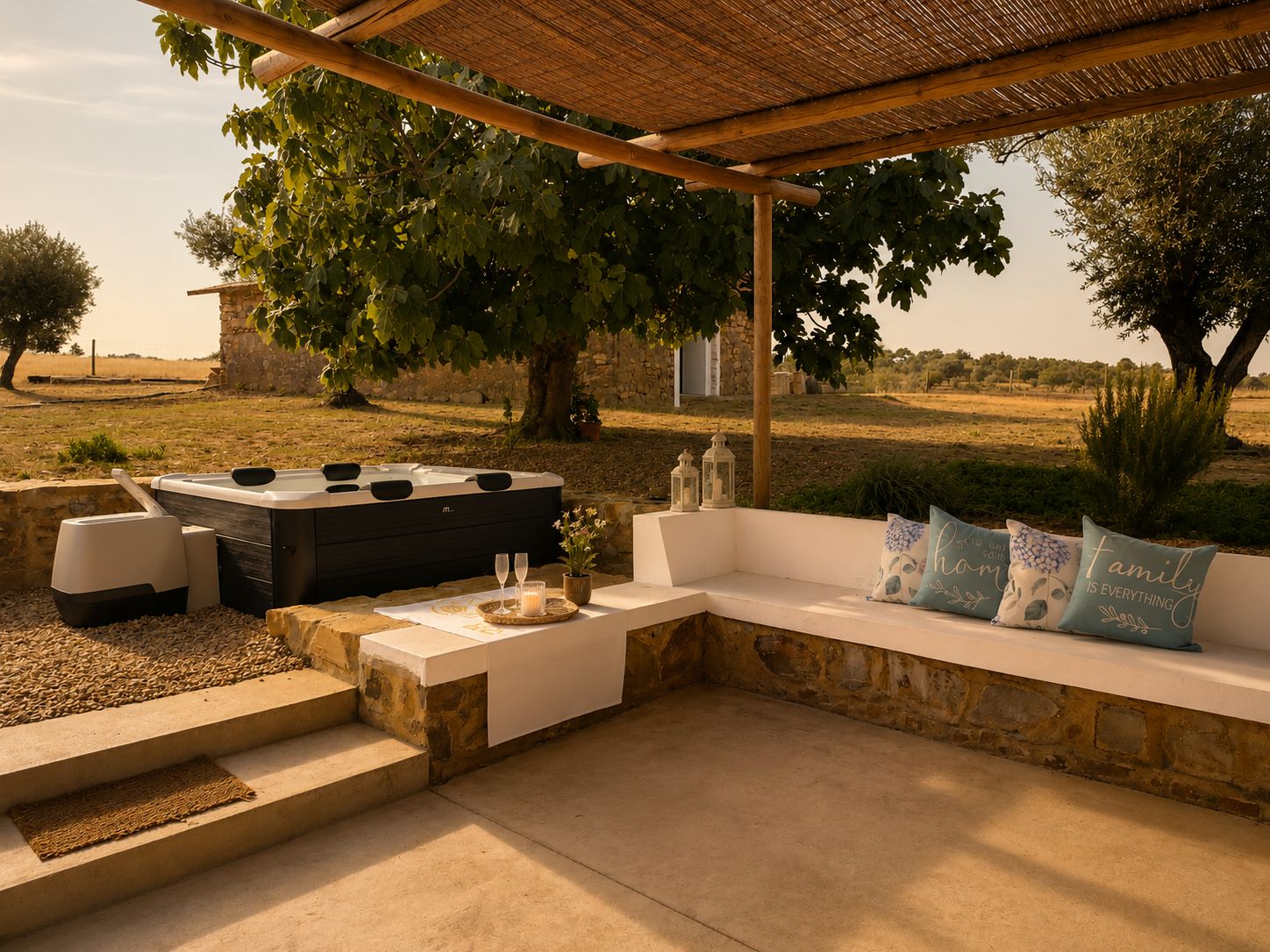 An outdoor seating area with a stone bench, a hot tub, and a pergola.