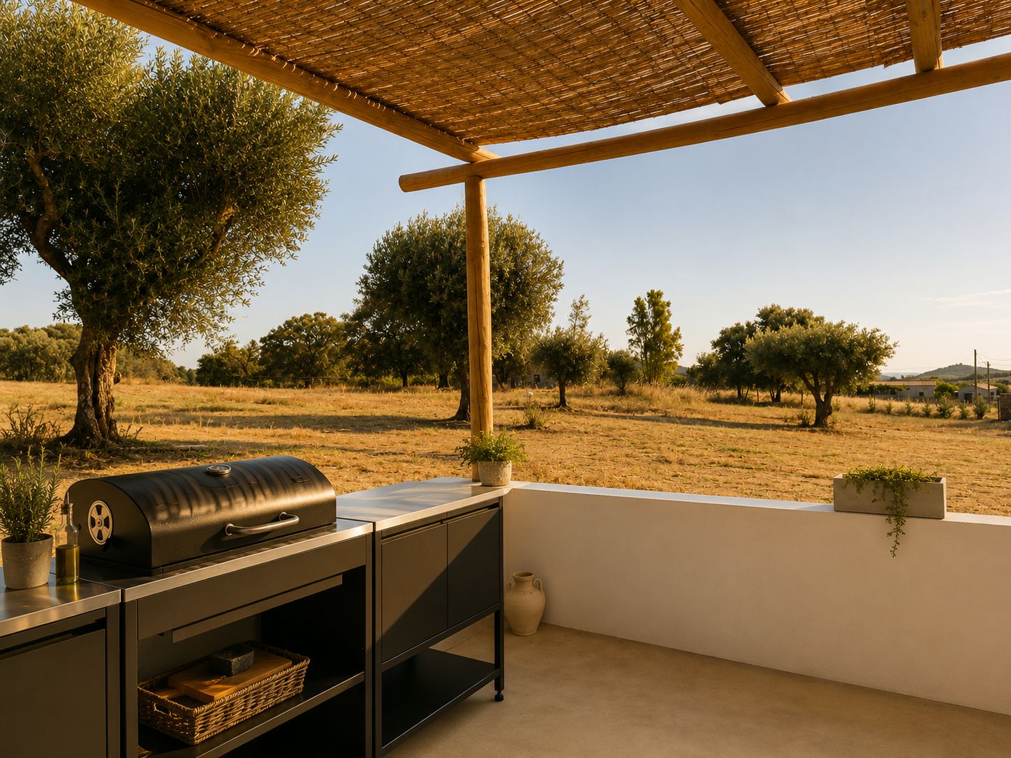 Terrassa exterior amb una barbacoa, una planta en test i vistes a un camp sec ple d'arbres.