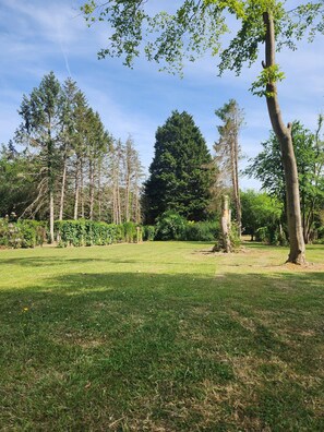 A grassy park with trees and a clear sky. - The PigSty at the Secret Garden (Biddenden)
