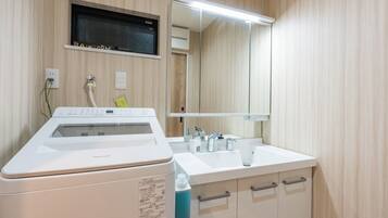 A modern bathroom with a built-in washing machine, a sink, and a mirror.