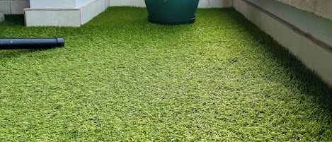 Une plante en pot, placée sur un gazon artificiel près du garde-corps d’un balcon.