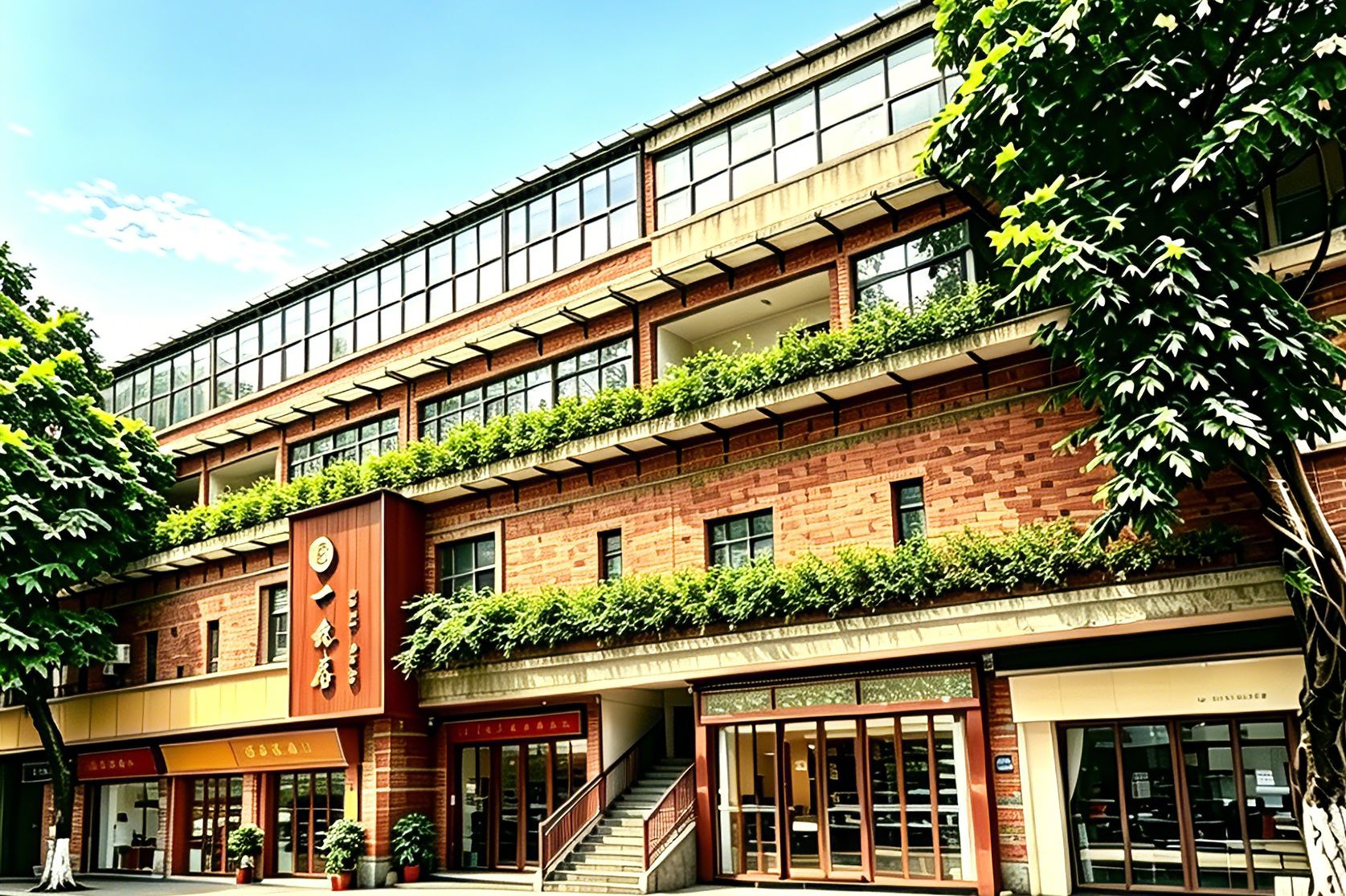 A multi-story building with a brick facade, large windows, and a staircase leading to the entrance.