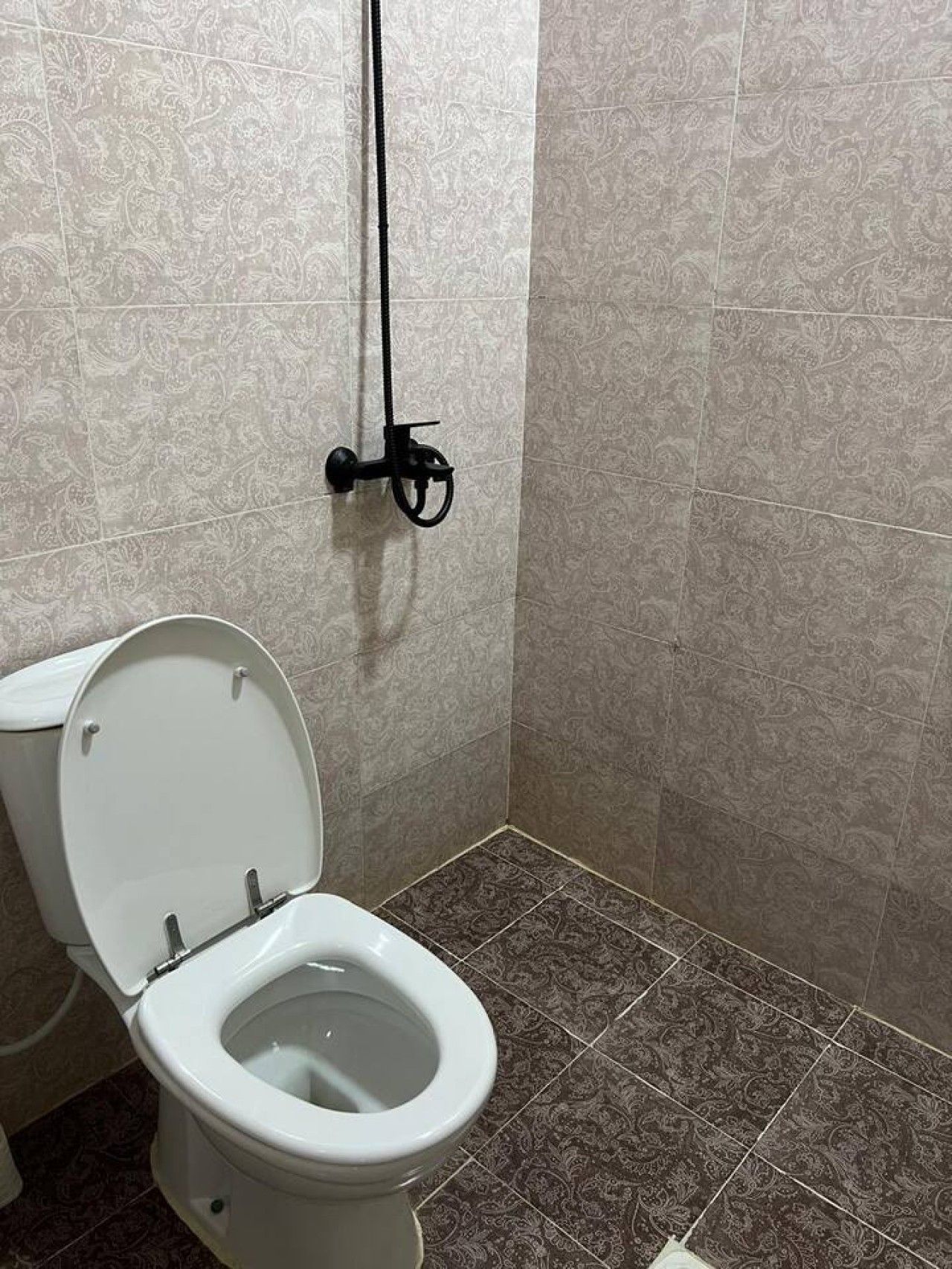 A bathroom with a toilet, a shower, and a wall-mounted handrail.