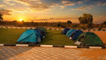 A row of tents set up on a grassy field with a sunset in the background.