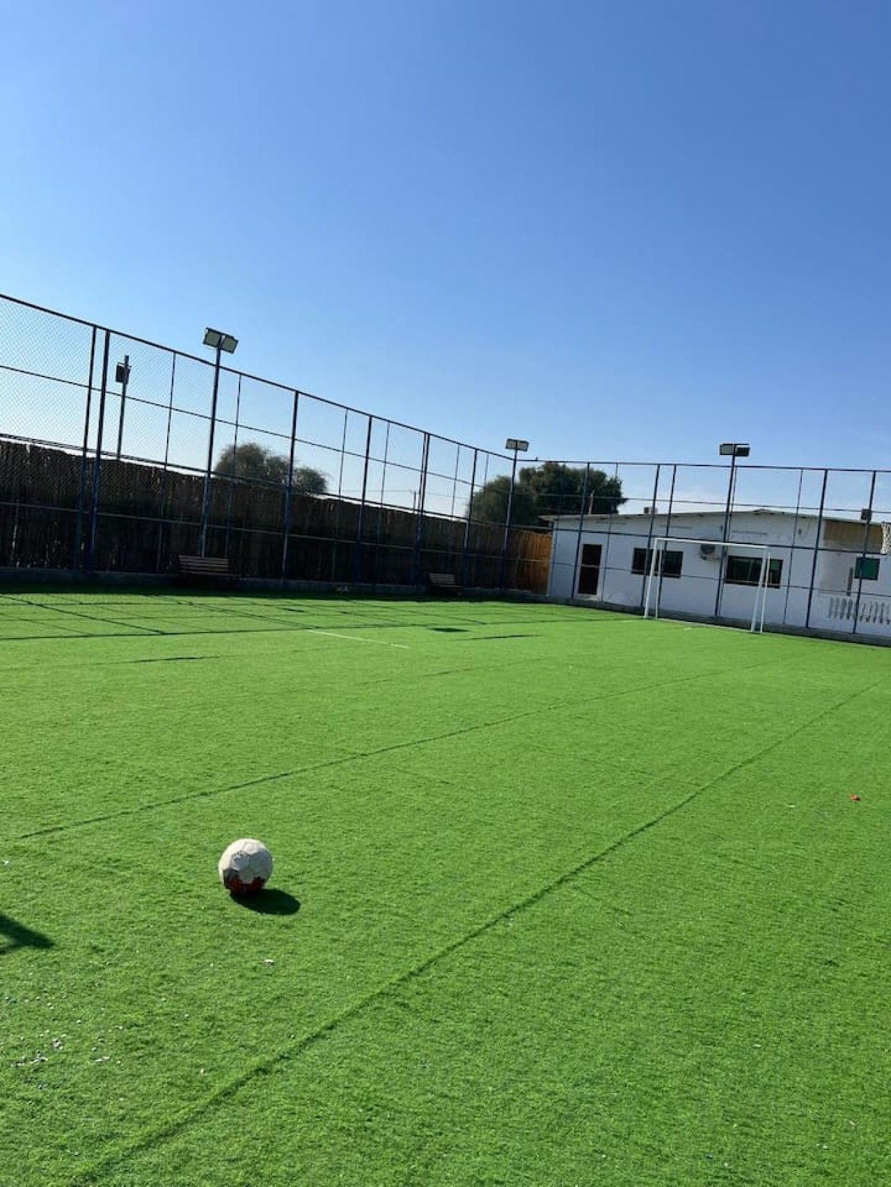 Un campo de fútbol con un arco y una valla.