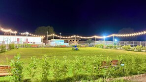An outdoor area with a grassy lawn, benches, and string lights.