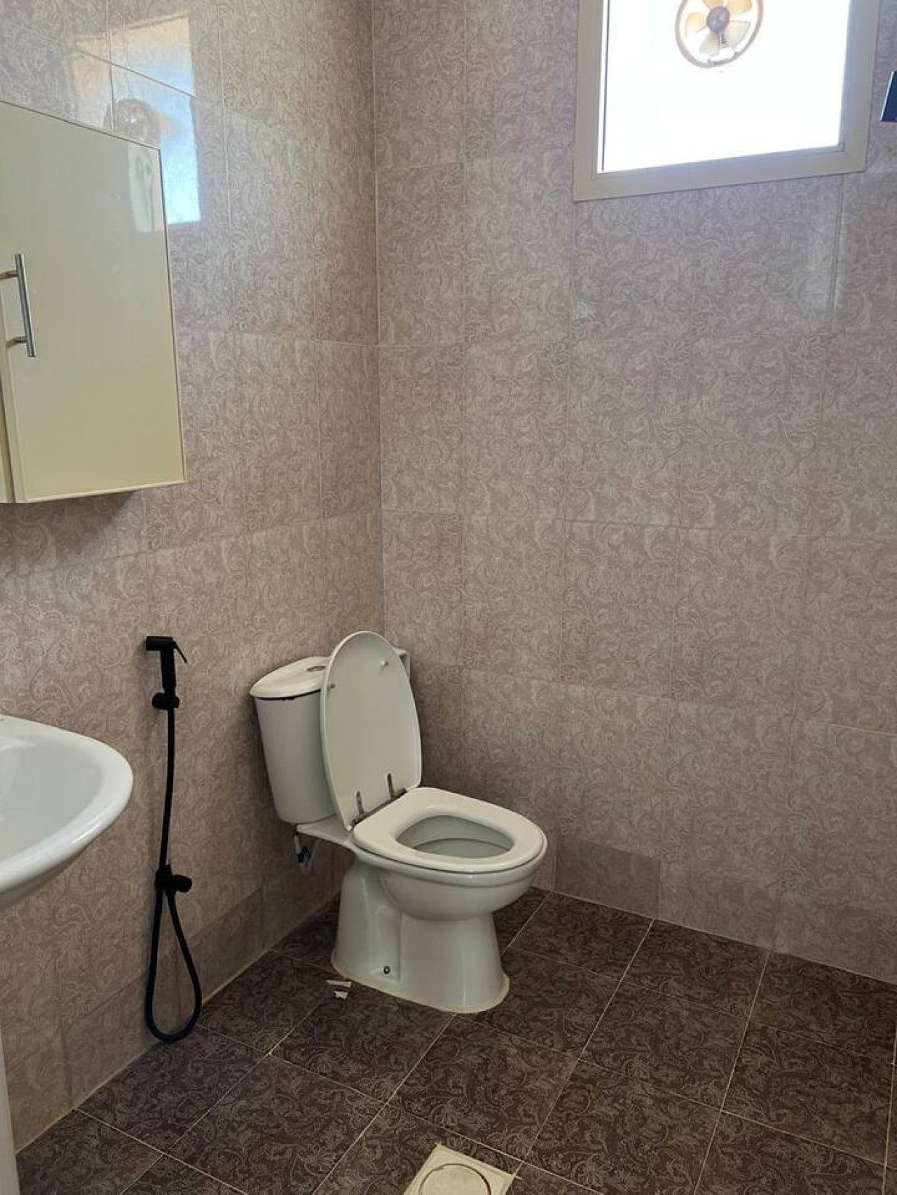 A bathroom with a toilet, a sink, and patterned tiles.