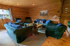 Interior acollidor d'una cabana amb sostre de fusta, un saló amb sofàs, un gos i un quadre a la paret.