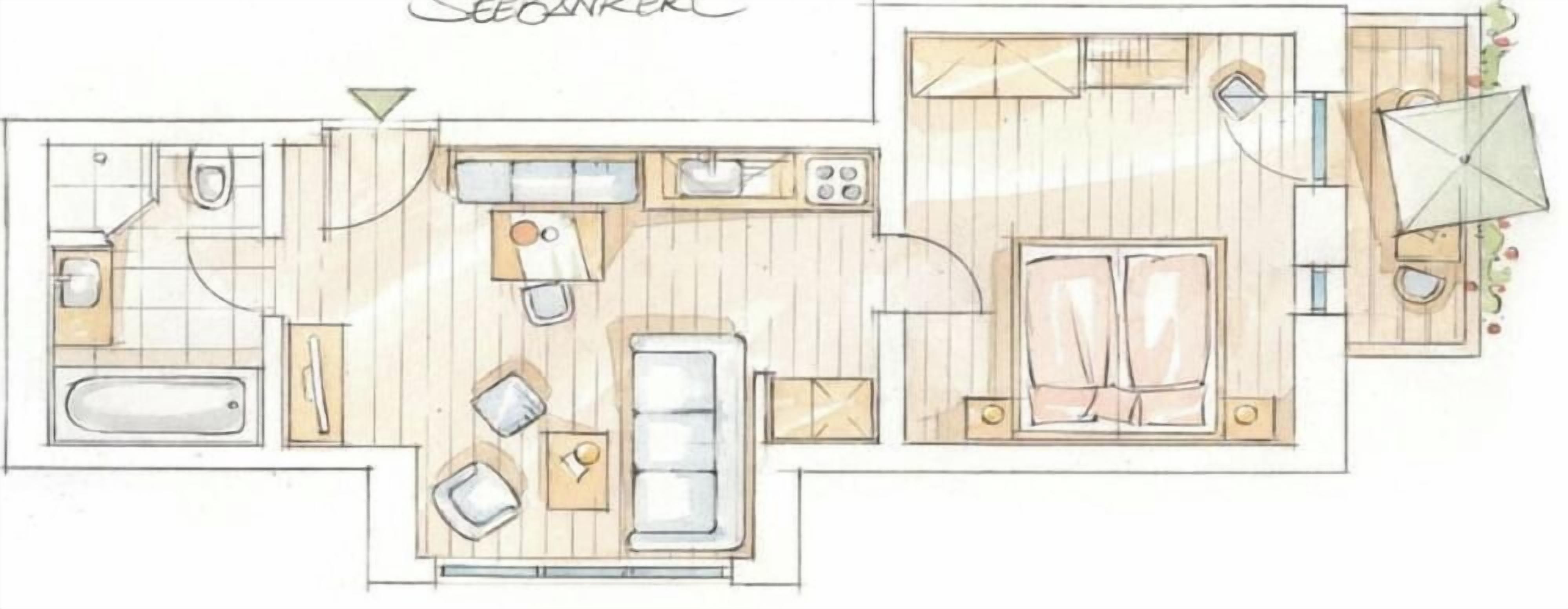 Un plan d’étage d’une chambre d’hôtel comprenant une salle de bain, un coin salon avec un canapé et une table, un lit et un petit balcon.