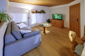A living room with a grey sofa, a wooden coffee table, a television, and a wooden door. - 2 "Beim Paulfischer" directly on Lake Chiemsee (Chieming)