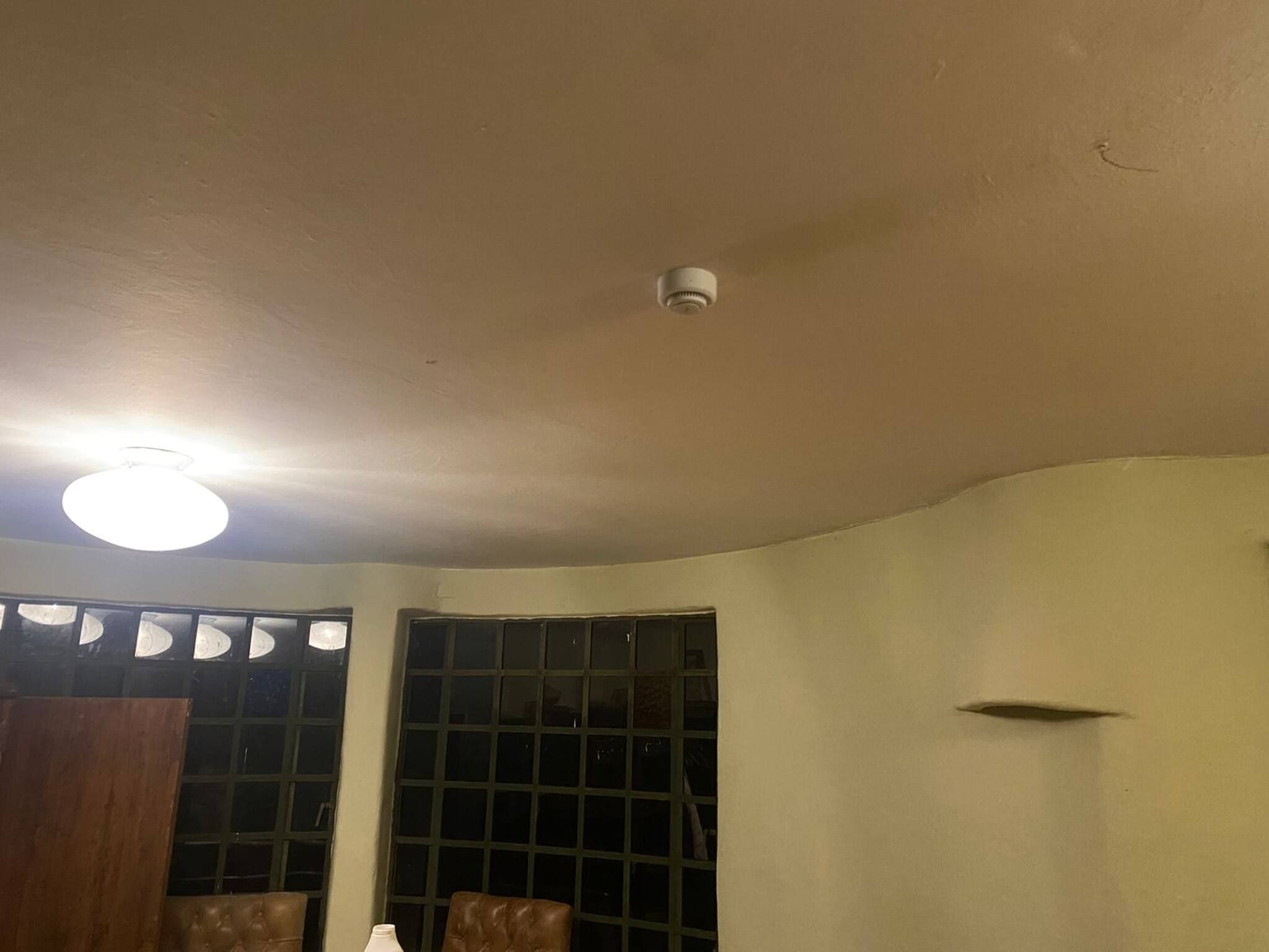 Une pièce avec un luminaire au plafond, un détecteur de fumée et une fenêtre à motifs géométriques.