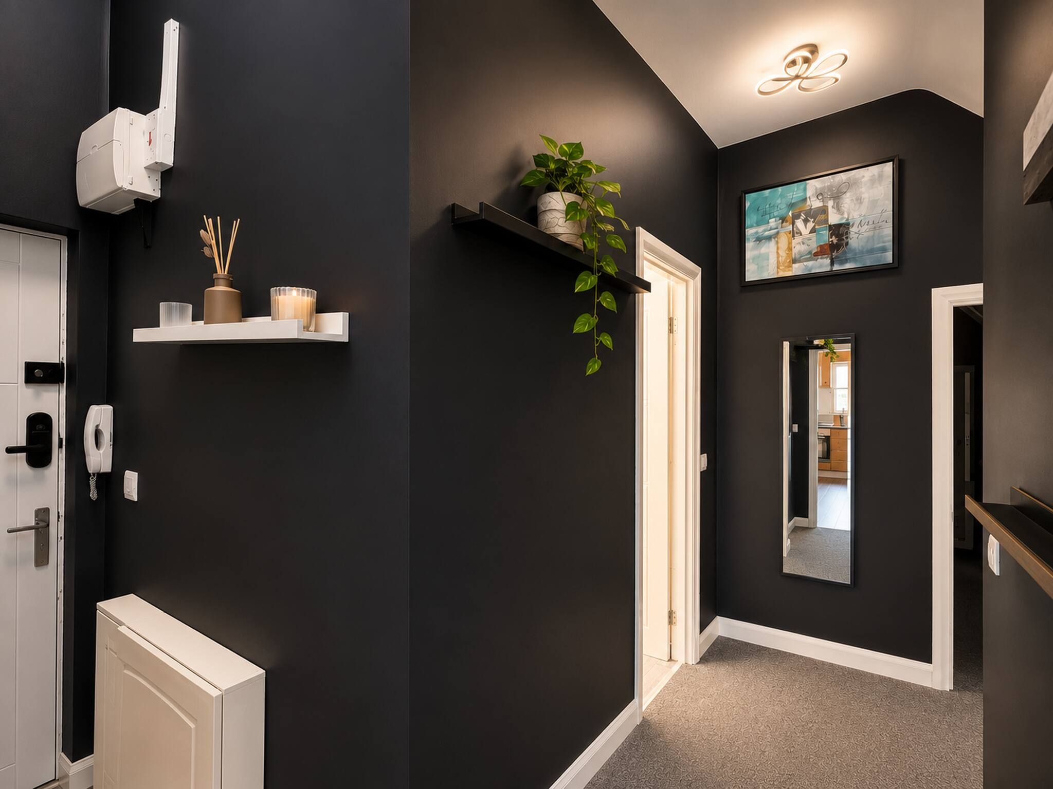 A hallway with a black wall, a white door, a white radiator, a white shelf with a plant, a white telephone, and a framed artwork.