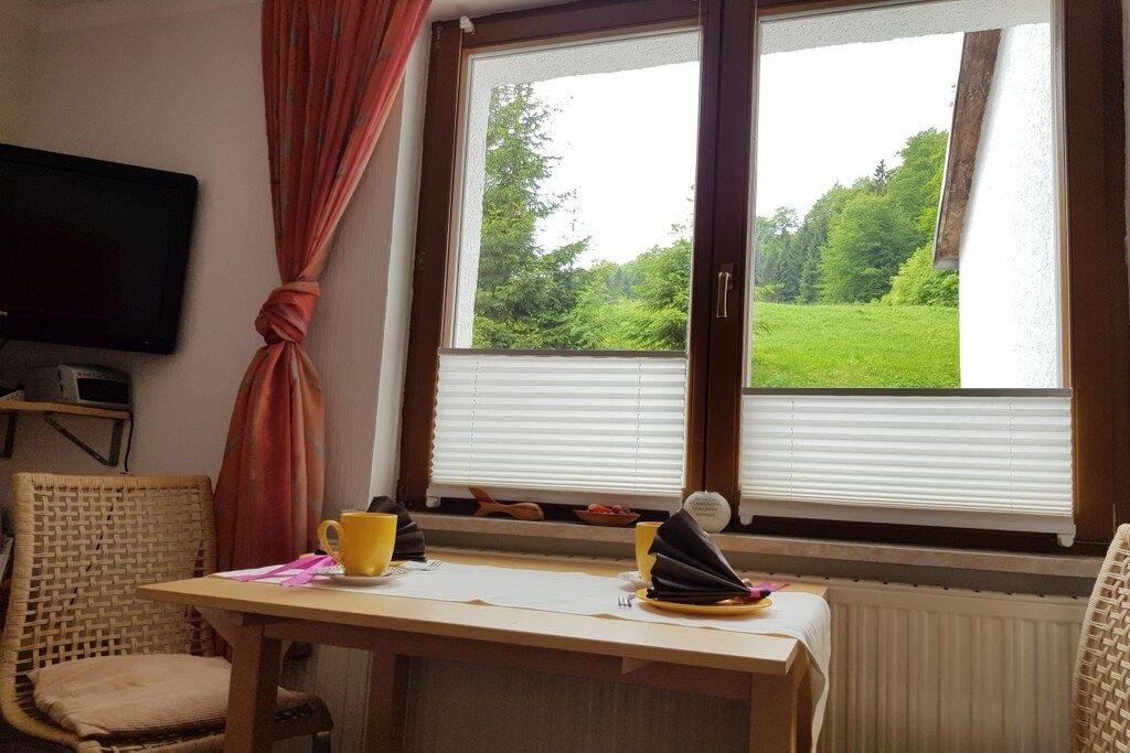 Ein Zimmer mit einem Tisch, zwei Stühlen, einem Fernseher und einem Fenster mit Jalousien.