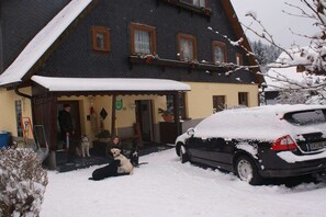 A house with a snow-covered car and two dogs in the driveway. - Holiday apartment with 1 bedroom (Masserberg OT Fehrenbach)