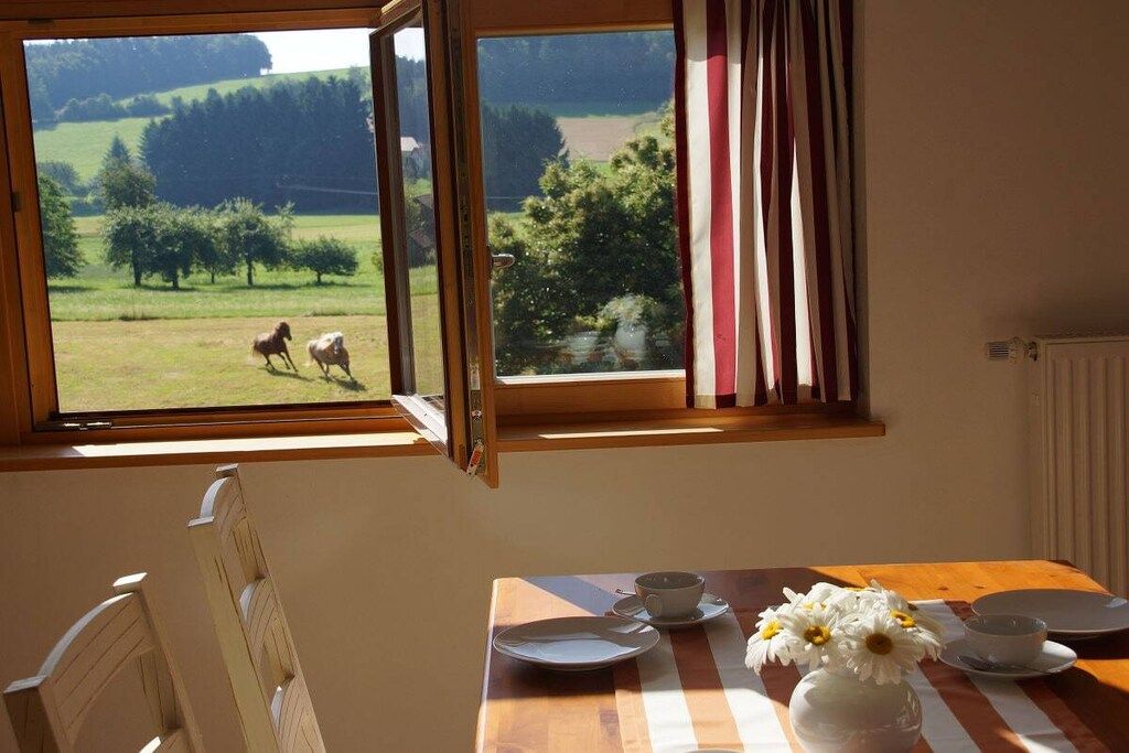 A room with a dining table set for two, a window with curtains, and a view of horses in a field.