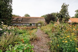 A garden pathway leading to a traditional building with a thatched roof.