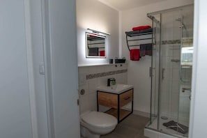 A compact bathroom with a toilet, a sink, a mirror, and a glass-enclosed shower. - Holiday apartment with 1 bedroom (Bad Harzburg)