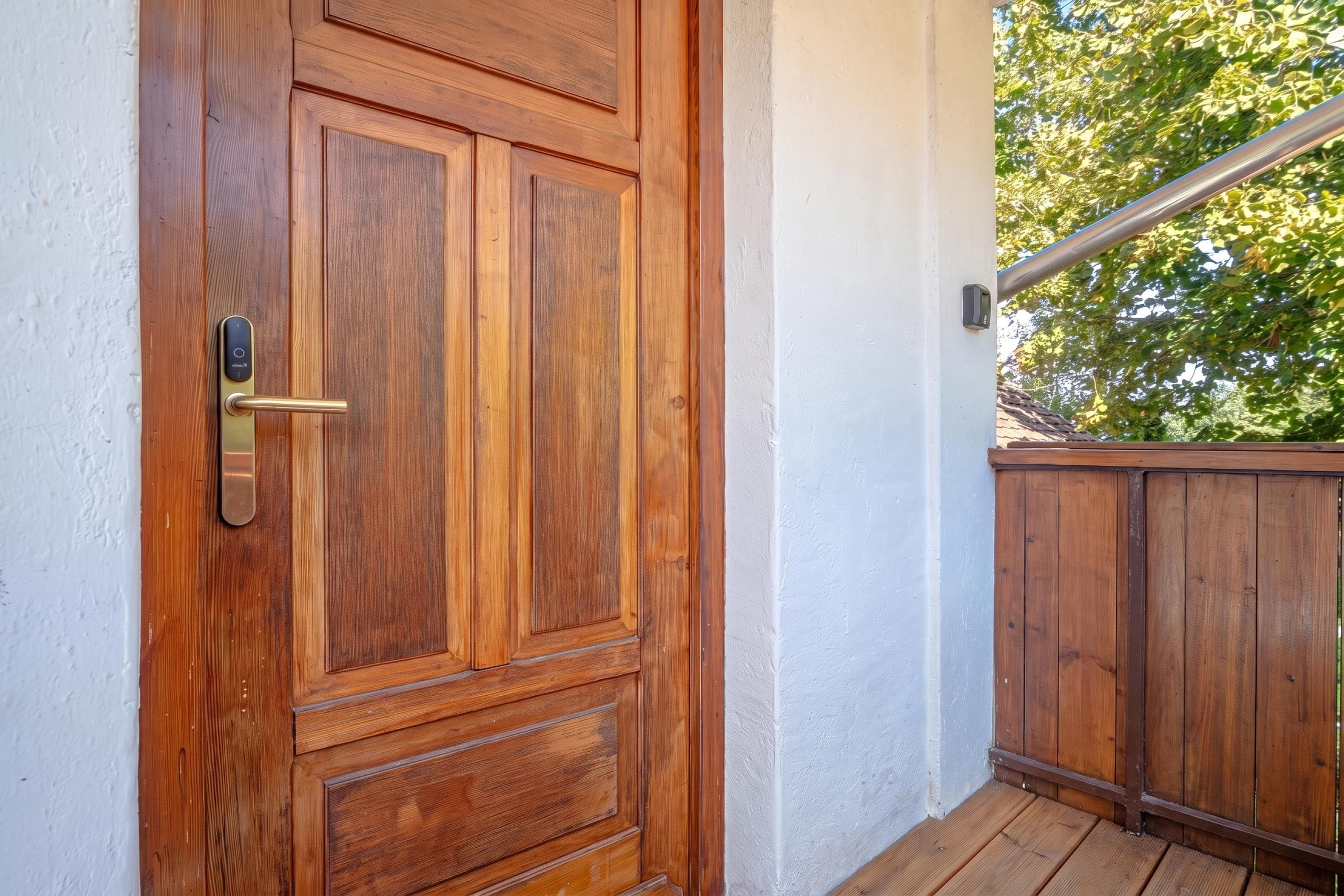Una puerta de madera con una cerradura moderna y un pomo metálico.