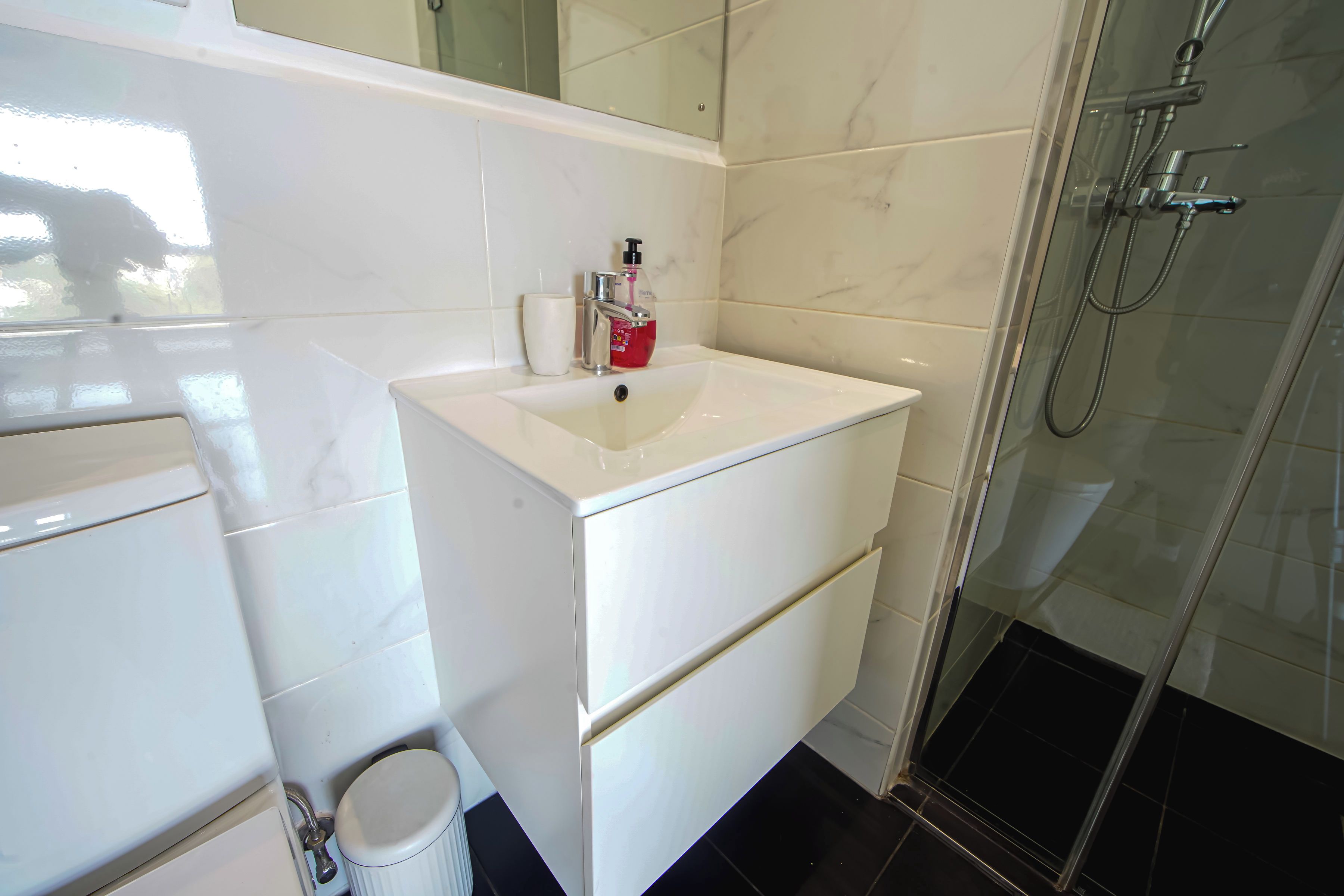 A bathroom with a white sink, a mirror, a handheld showerhead, and a toilet.