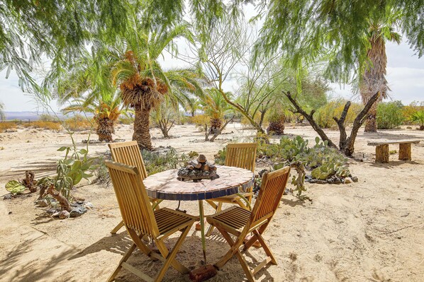 Un jardin désertique avec une table ronde et quatre chaises, entouré de cactus et de palmiers.