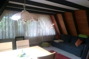 Une pièce comprenant une table à manger, des chaises, un canapé avec des coussins, un luminaire suspendu et une fenêtre avec des rideaux.