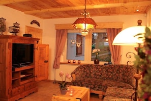 A cozy living room with a wooden ceiling, a sofa, a television, and a fireplace. - ||---------------------"Haus Waldesruh"------------------|| (Elbingerode)