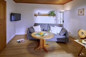 A cozy living room with a grey sofa, a wooden coffee table, a flat-screen TV mounted on the wall, a floor lamp, and a small plant. - Holiday apartment with 1 bedroom (Chieming)