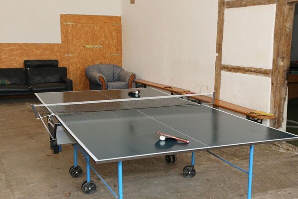 Ein Tischtennistisch auf Rollen, eine schwarze Ledersofa und ein gemustertes Sessel in einem Raum mit Holzwänden.
