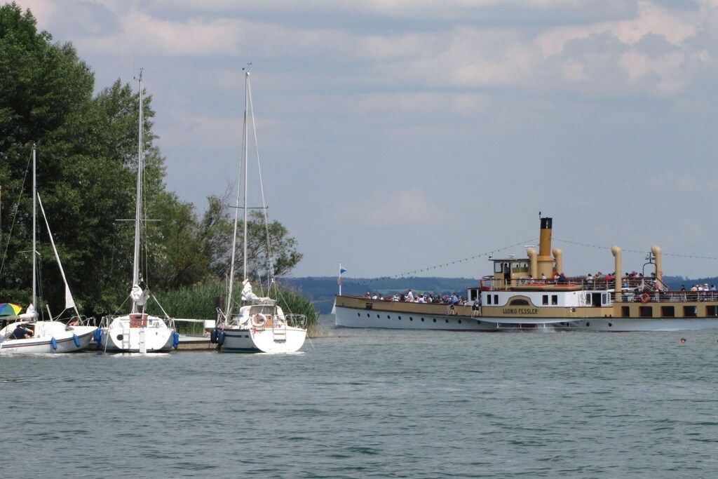 A large riverboat docked at a marina with several smaller boats nearby.