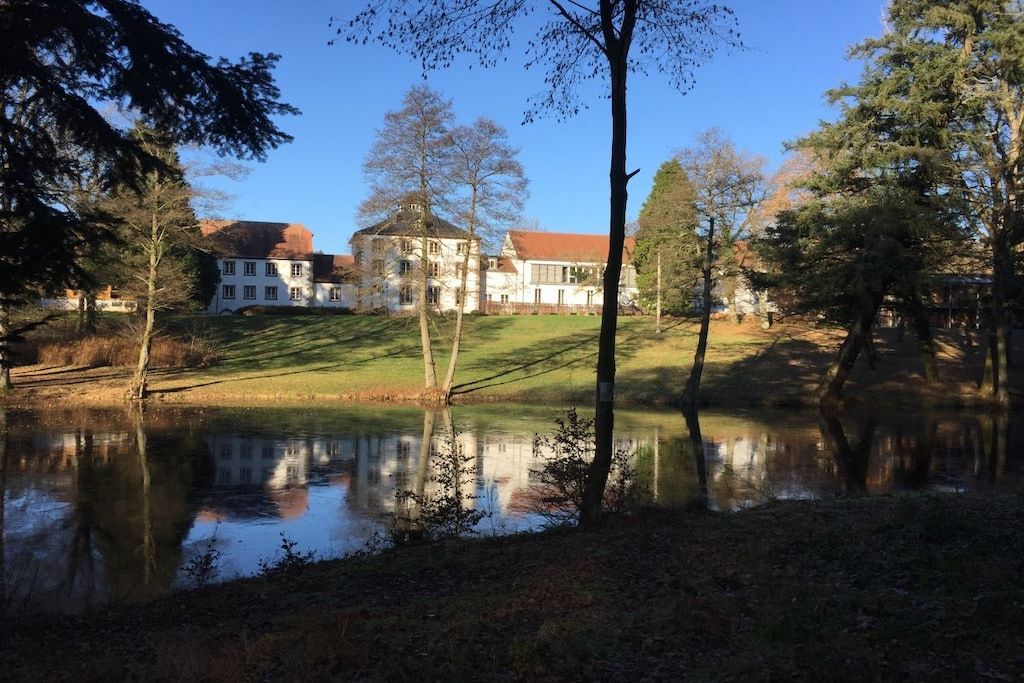 A large house with a pond in front, surrounded by trees and a clear sky.