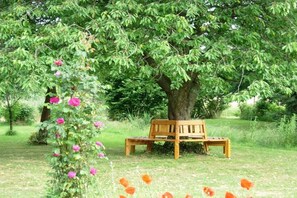 A wooden bench under a tree surrounded by greenery and flowers. - Holiday apartment with 2 bedrooms (Wölpinghausen)