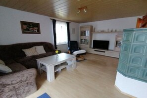 A living room with a sofa, a coffee table, a TV, and a fireplace. - Melitta holiday apartment (Heiligenberg)