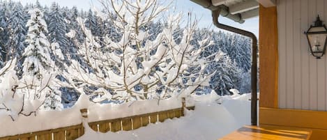 A wooden bench outside a building with a view of snow-covered trees.