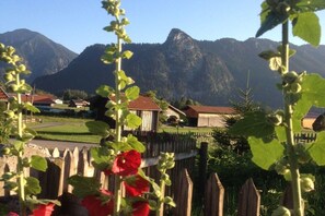 A rural village with wooden houses, a wooden fence, and mountains in the background. - Apartment at Kainzen (Oberammergau)