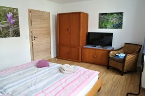 Una camera da letto con un letto, un armadio, una televisione e una sedia.