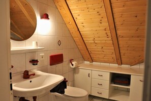 A compact bathroom with a wooden ceiling, a white sink, a toilet, and a small cabinet. - Hetzlenmühle 3-room apartment no. 2 (Görwihl)